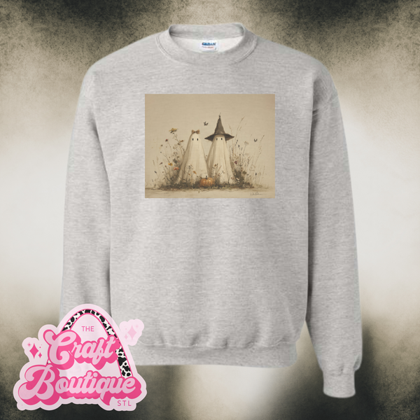 Vintage Wash Cute Ghostie Friends Printed Sweatshirt - Heather Ash Gray