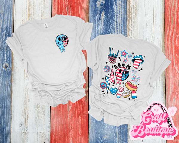Melting Smiley Patriotic Collage Printed Tee - Ash Gray