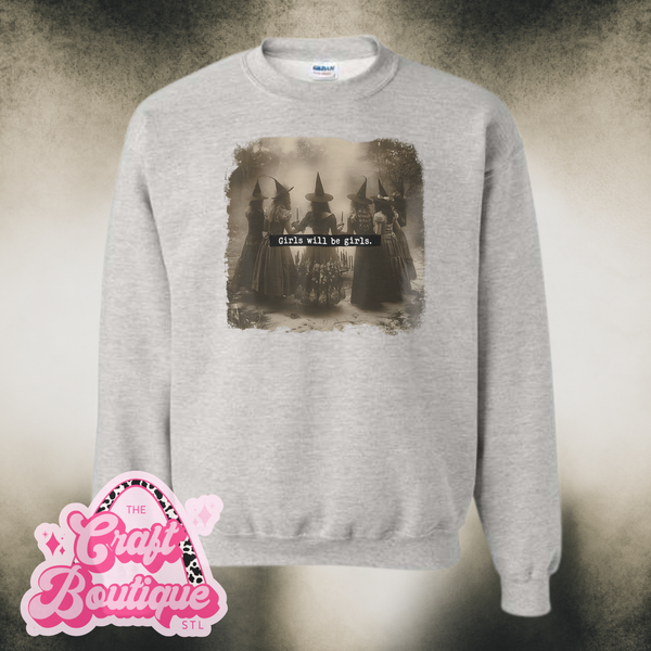 Vintage Wash Girls Will Be Girls Witches Printed Sweatshirt - Heather Ash Gray