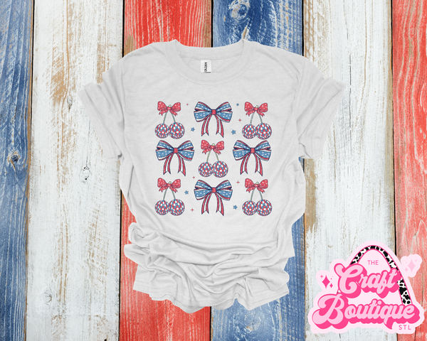 Disco Cherries & Fancy Bows Patriotic Printed Tee - Ash Gray