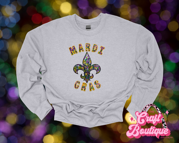 Mardi Gras Fleur de Lis Faux Sequin Gray Sweatshirt