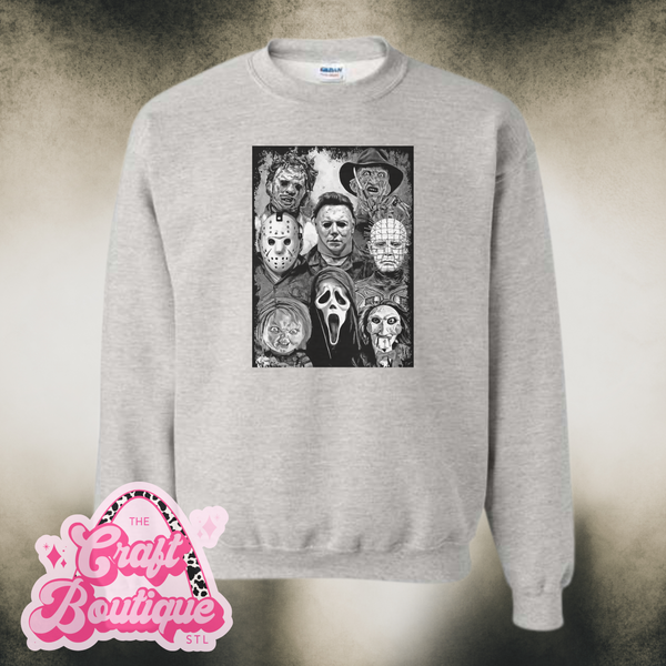 Vintage Wash Black and White Horror Collage Printed Sweatshirt - Heather Ash Gray