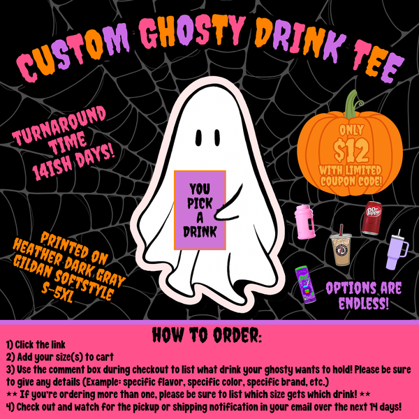 **CUSTOM** Ghosty w/ a Drink Printed Tee - Dark Heather Gray