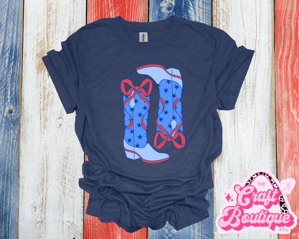 Patriotic Girly Cowboy Boots Printed Tee - Heather Dark Gray