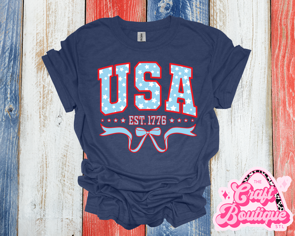 USA Fancy Bow Printed Tee - Heathered Navy