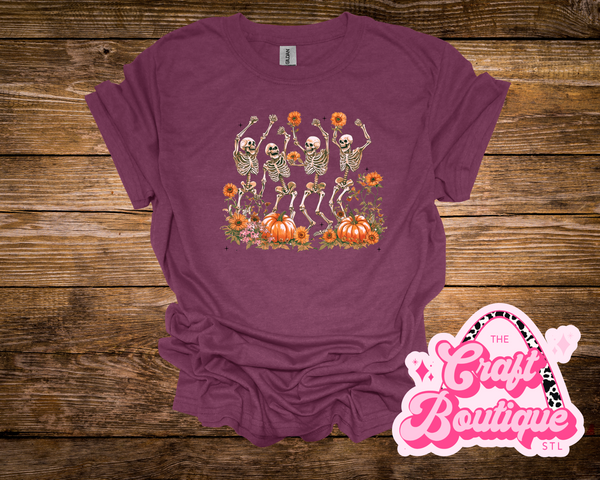 Fall Dancing Skeletons Printed Tee - Heather Maroon