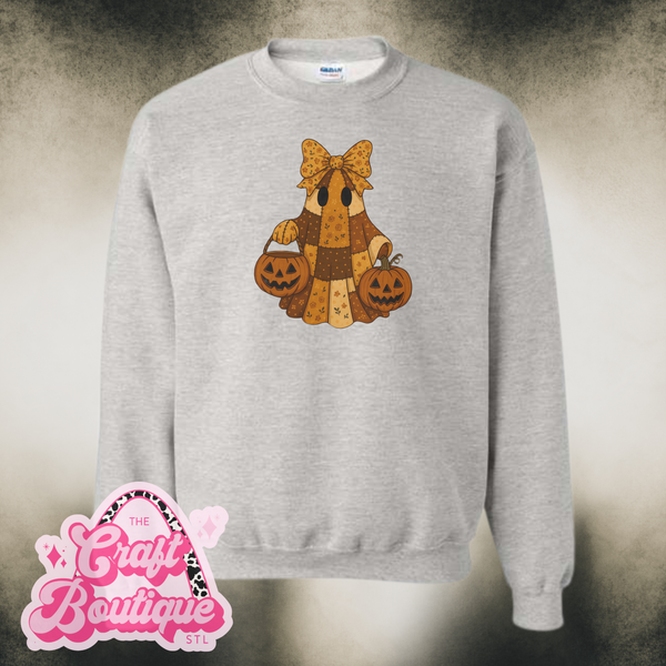 Vintage Wash Cute Fall Patchwork Ghostie Printed Sweatshirt - Heather Ash Gray
