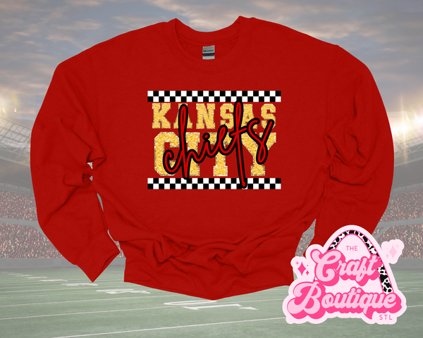 Faux Chenille KANSAS CITY Checker Stripe Printed Sweatshirt - Heathered Dark Red