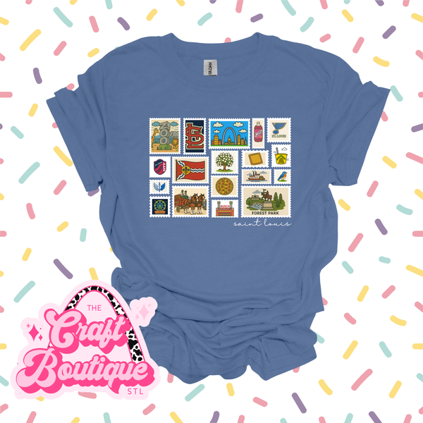 Saint Louis Treasures Postage Stamps Printed Tee - Dusty Blue