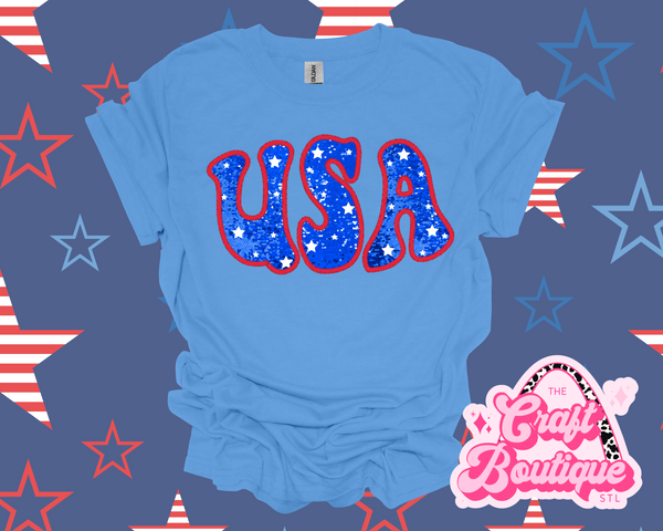 Faux Glitter USA Printed Tee - Carolina Blue