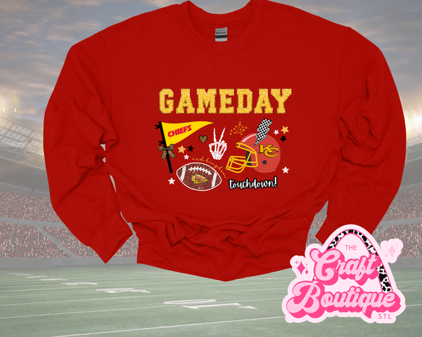 Faux Chenille Game Day Preppy KC Printed Sweatshirt - Red