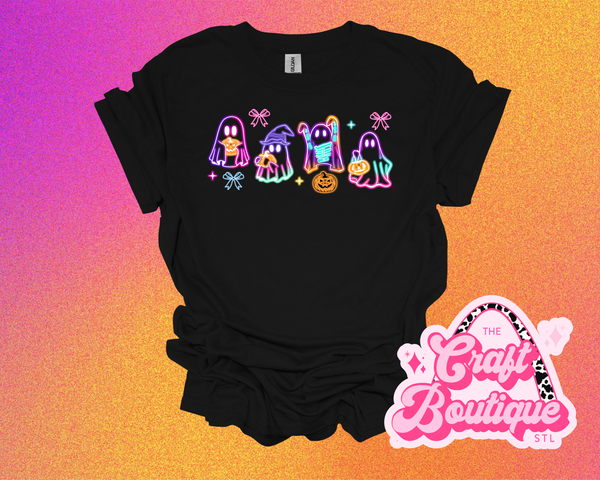 Neon Cute Ghosties Printed Tee - Black