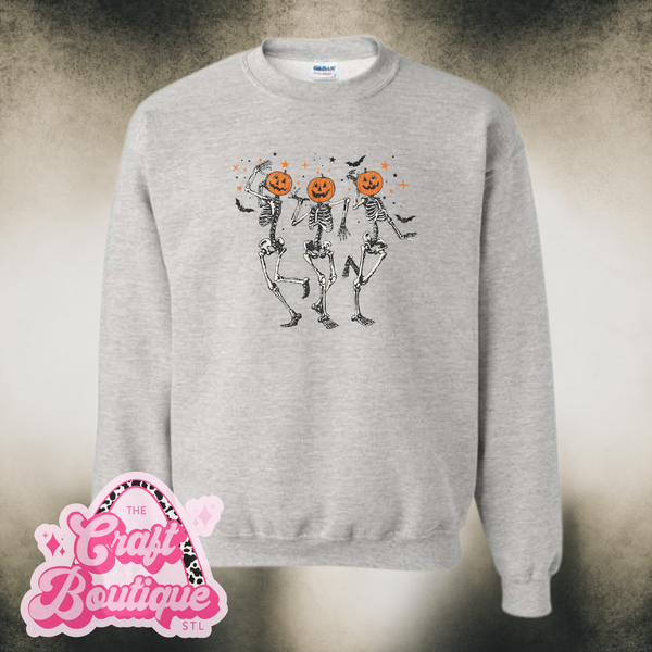 Vintage Wash Dancing Pumpkin Head Skellies Printed Sweatshirt - Heather Ash Gray