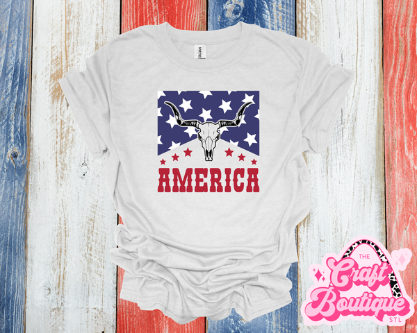Western Bull Skull America Printed Tee - Ash Gray