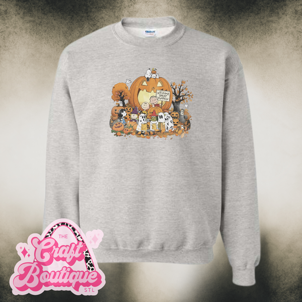 Vintage Wash Welcome Great Pumpkin Printed Sweatshirt - Heather Ash Gray