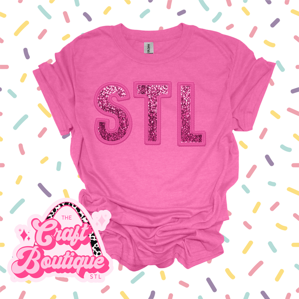 Pink on Pink Faux Sequin STL Printed Tee - Heather Heleconia
