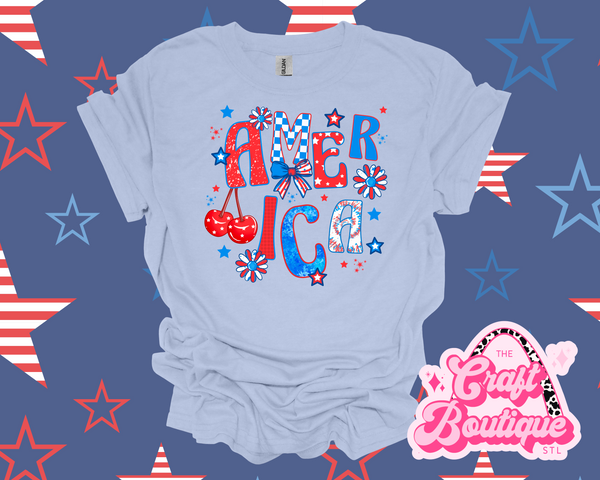 Preppy Edgy Girly America Typography Printed Tee - Light Blue