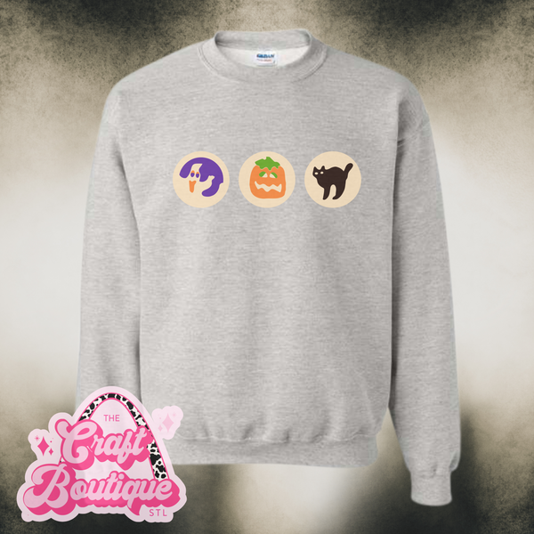 Vintage Wash Nostalgic Halloween Cookies Printed Sweatshirt - Heather Ash Gray
