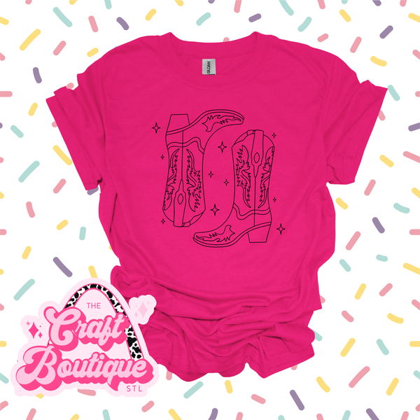 Black Cowboy Boots Printed Tee - Hot Pink