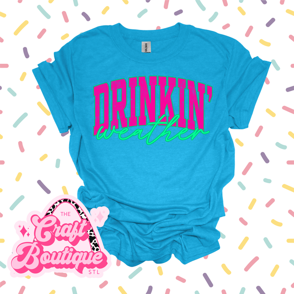 Pink/Lime Green Drinkin Weather Printed Tee - Heather Bright Blue