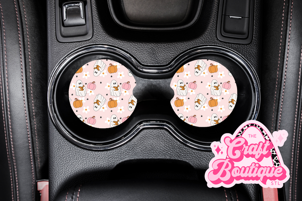 Cutesy Reading Ghosties and Pumpkins Car Coaster Set