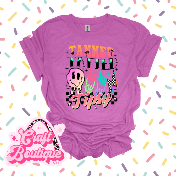 Tanned Tatted & Tipsy Summer Printed Tee - Heather Bright Purple
