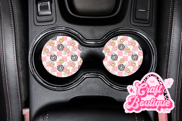 Pink Checkered Disco & Smileys Coaster Set