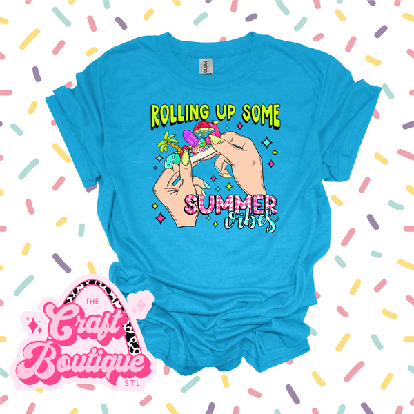 Rollin Up Some Summer Vibes Printed Tee - Heather Bright Blue