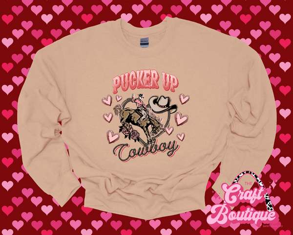 Pucker Up, Cowboy Printed Sweatshirt - Khaki