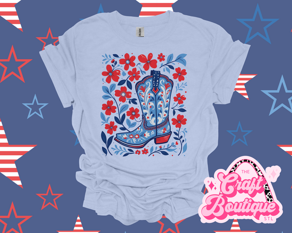 Patriotic Floral Cowboy Boot Printed T-Shirt - Light Blue