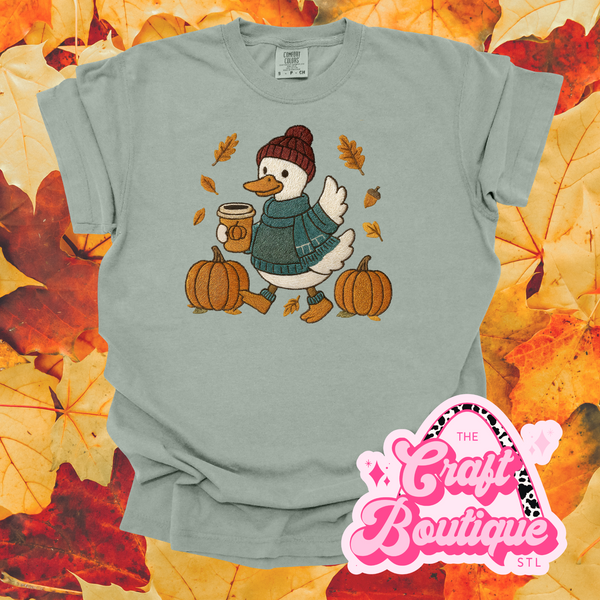COMFORT COLORS Faux Embroidery Fall Duck Printed Tee - Bay Green