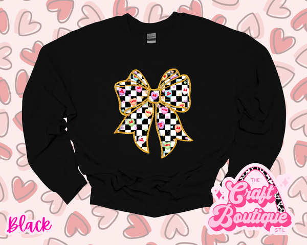 Checkered Bow Sweethearts Printed Sweatshirt - Black