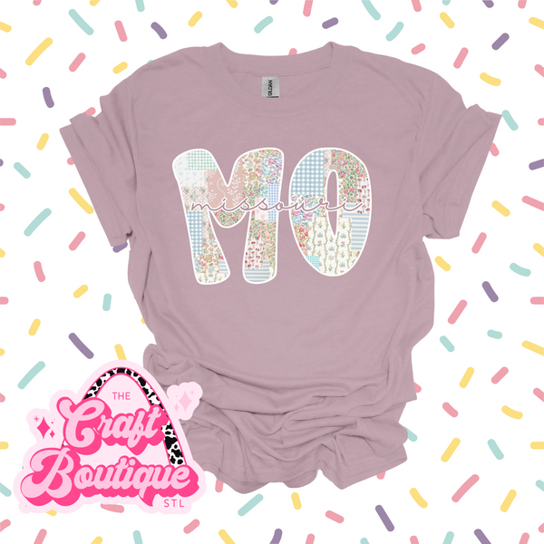 Vintage Pastel Floral Patchwork MO Printed Tee - Dusty Purple