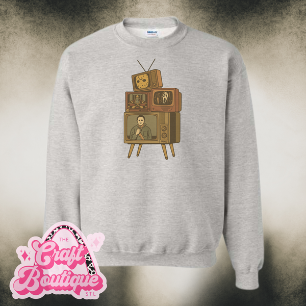 Vintage Wash Horror TV Stand Printed Sweatshirt - Heather Ash Gray