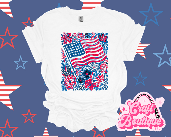 Watercolor Floral American Flag Printed T-Shirt - White
