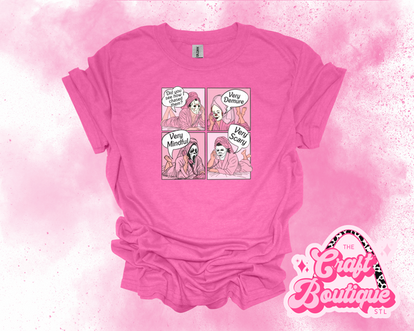 Very Demure Horror Girlies Printed Tee - Heather Hot Pink