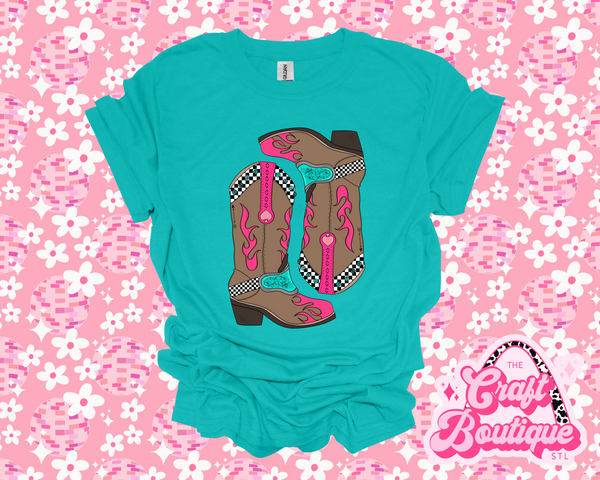 Turquoise and Pink Western Boots Printed Tee