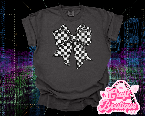 Faux Glitter Checkered Bow Print - Comfort Colors Pepper