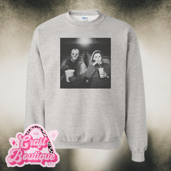 Vintage Wash Horror Movie Theatre Buddies Printed Sweatshirt - Heather Ash Gray