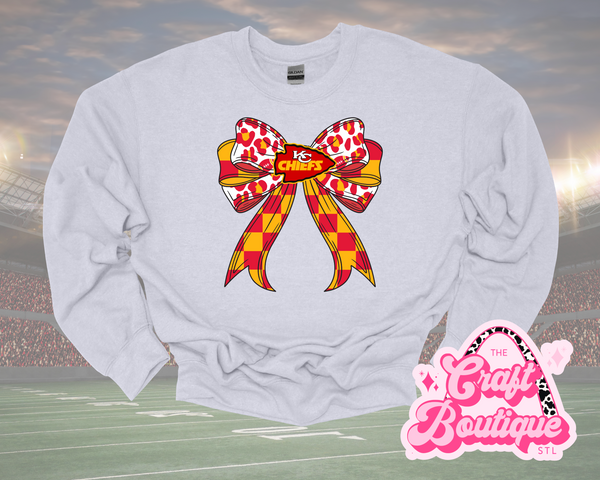 KC Football Leopard Checkered Bow Printed Sweatshirt - Ash Gray