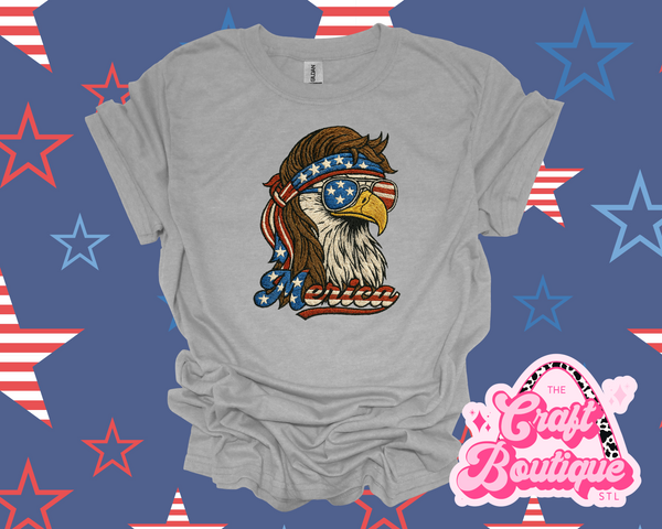 Faux Embroidery Patriotic Eagle Dude Printed T-Shirt - Heathered Light Gray