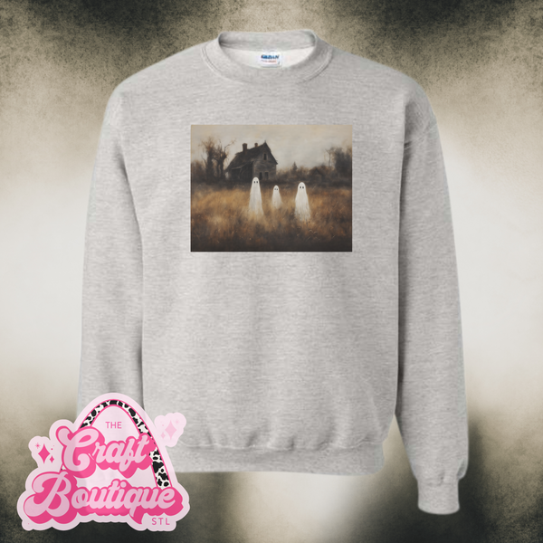 Vintage Wash Cute Ghosties in a Field Printed Sweatshirt - Heather Ash Gray