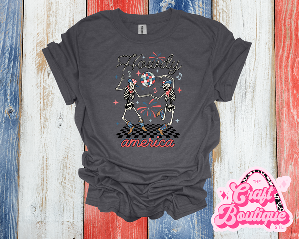 Howdy American Dancing Skeleton Printed Tee - Heather Dark Gray
