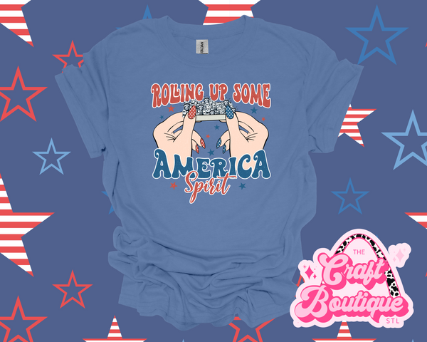 Rollin' Up Some America Spirit Printed T-Shirt - Dusty Blue