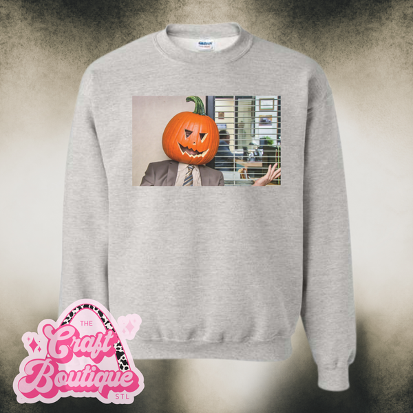 Vintage Wash Pumpkin Head Office Worker Printed Sweatshirt - Heather Ash Gray
