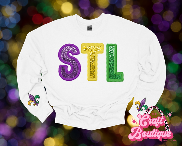 STL Mardi Pardi Faux Sequin White Sweatshirt