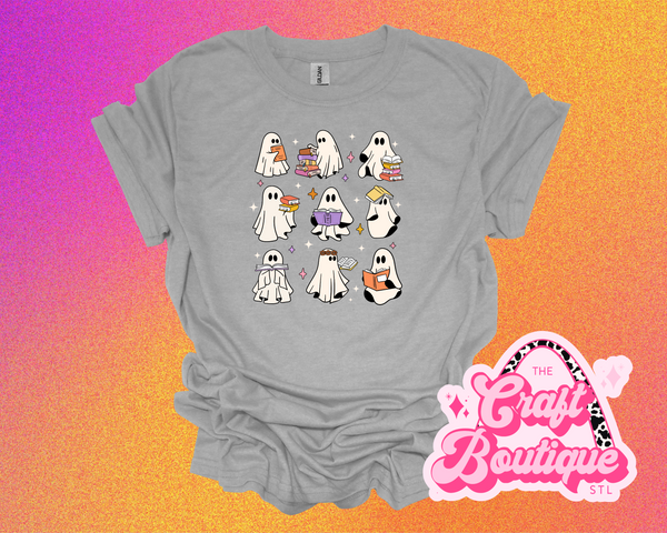 Book Lover/Teacher Ghostie Printed Tee - Heather Light Gray