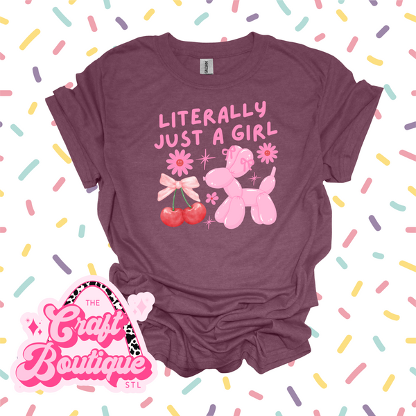 Literally Just a Girl Balloon Dog Printed Tee - Heather Maroon