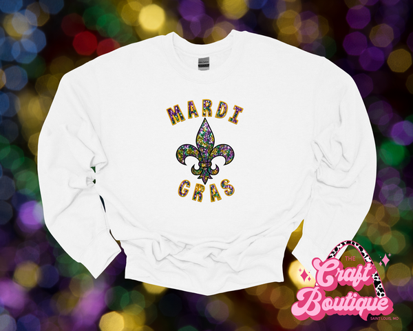 Mardi Gras Fleur de Lis Faux Sequin White Sweatshirt