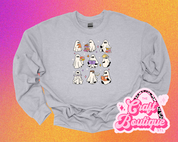 Book Lover/Teacher Ghostie Printed Sweatshirt - Heather Light Gray